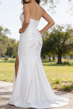 White Mermaid Sweetheart Corset Long Prom Dresses with Slit