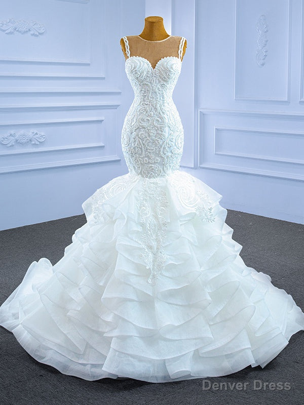 White Mermaid Tulle Appliques Wedding Dress Main image