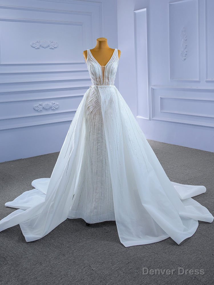 White Mermaid Tulle Beading Pearls V Neck Wedding Dresses With Detachable Train