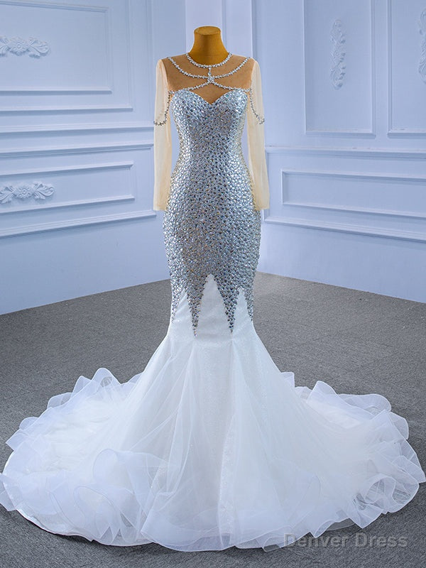 White Mermaid Tulle Crystal Beading Long Sleeve Wedding Dress Main image