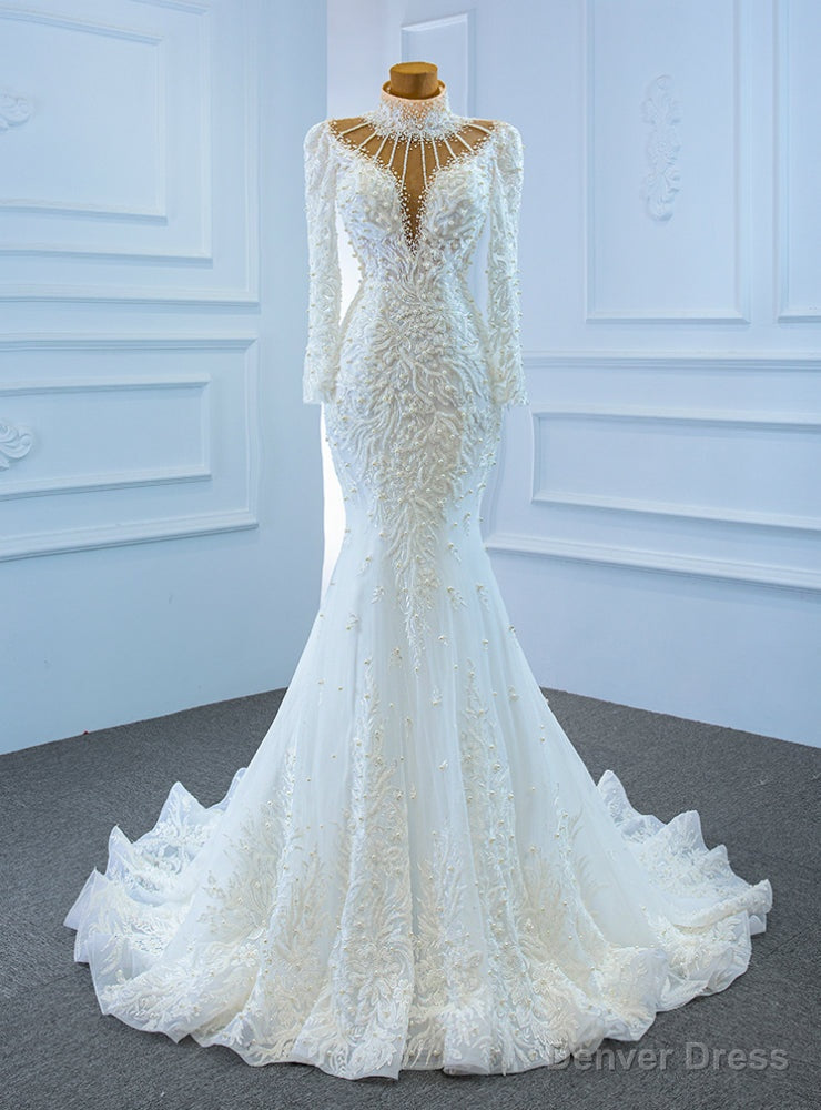 White Mermaid Tulle High Neck Long Sleeve Appliques Wedding Dress Main image