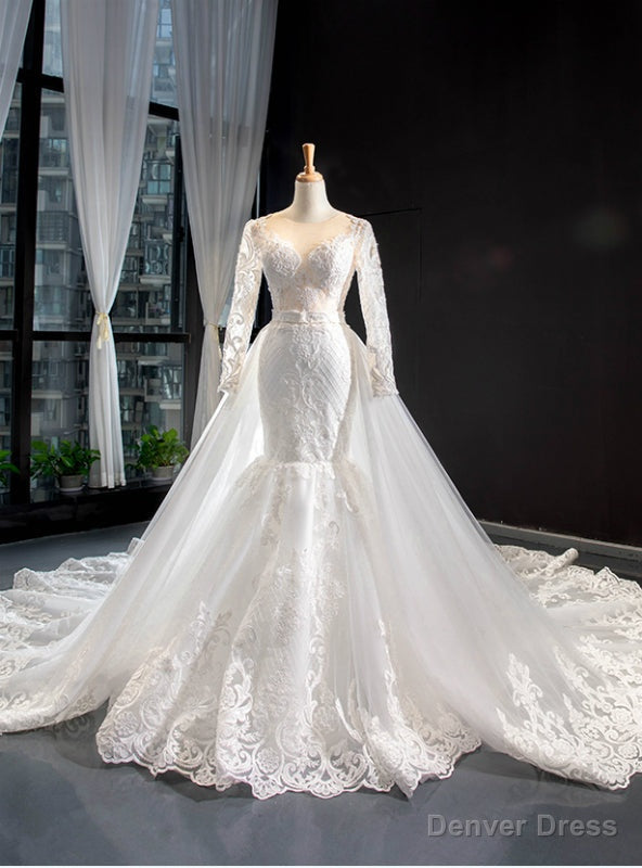 White Mermaid Tulle Lace Long Sleeve Wedding Dresses With Removable Train