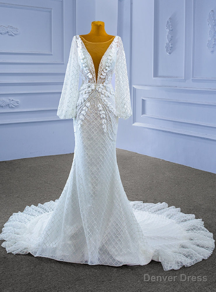 White Mermaid Tulle Long Sleeve Appliques Beading See Through V-neck Wedding Dress Main image
