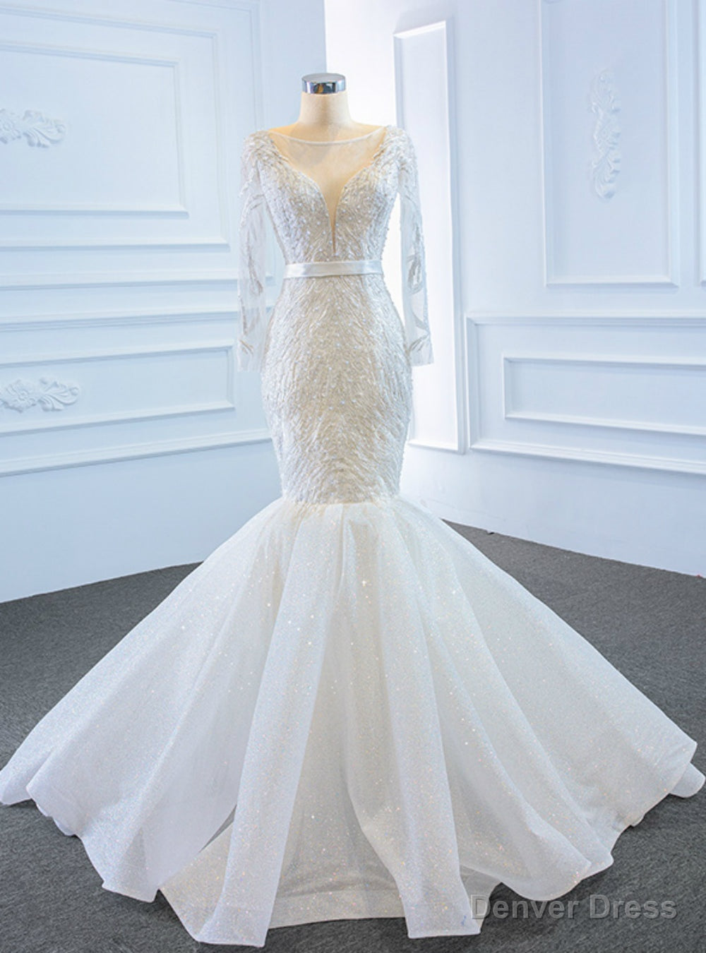 White Mermaid Tulle Long Sleeve Beading Long Wedding Dress Main image