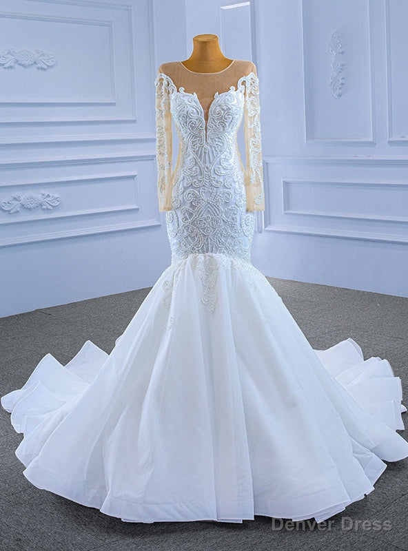 White Mermaid Tulle Long Sleeve Beading Wedding Dress Main image
