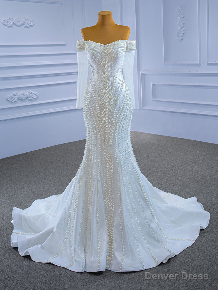 White Mermaid Tulle Long Sleeve Pearls Beading Wedding Dresses