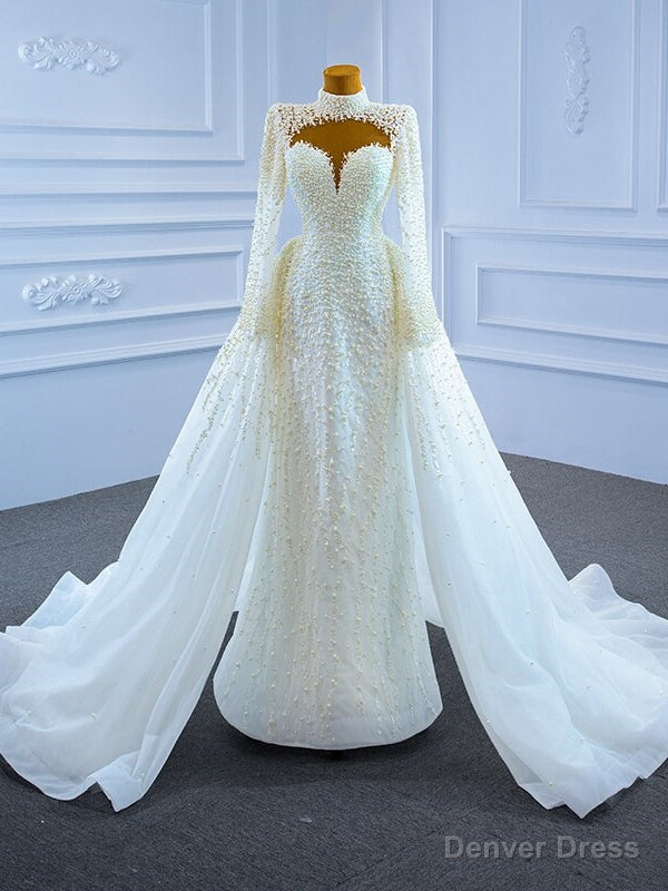 White Mermaid Tulle Long Sleeve Pearls Wedding Dresses