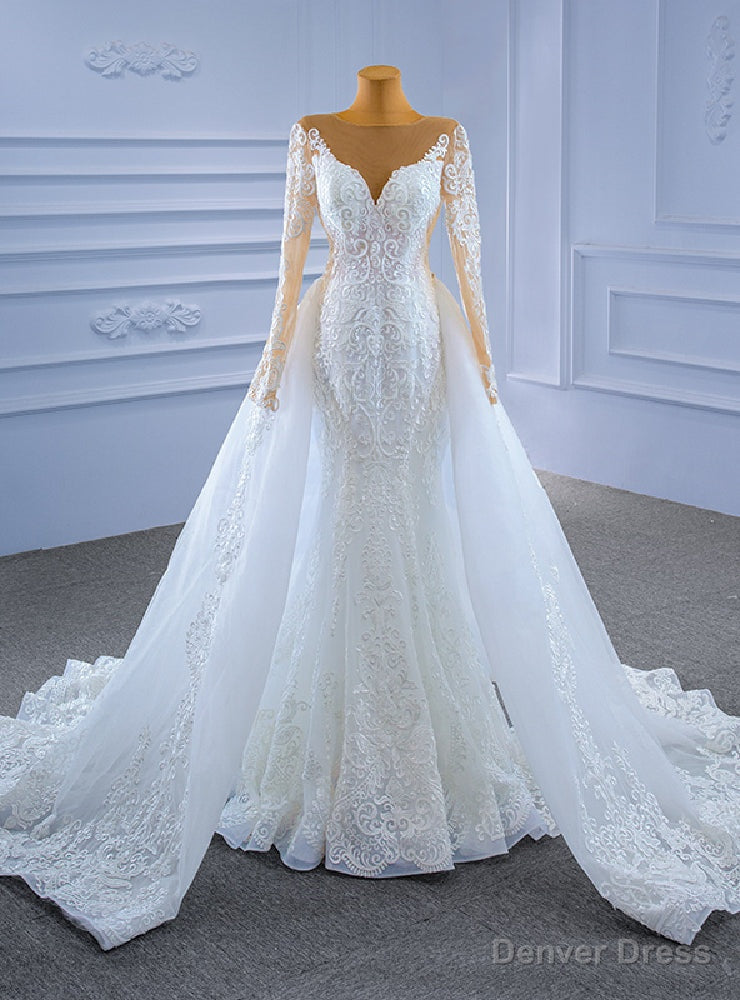 White Mermaid Tulle Long Sleeve Wedding Dress With Detachable Train Main image
