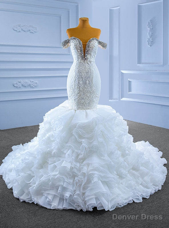 White Mermaid Tulle Off the Shoulder Crystal Wedding Dress Main image