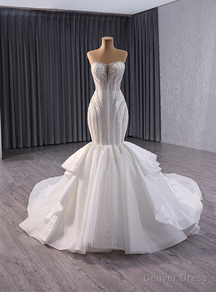White Mermaid Tulle Sequins Beading Strapless Wedding Dress Main image