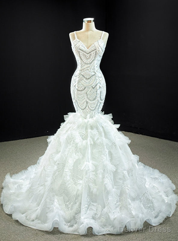 White Mermaid Tulle Spagehtti Straps Beading Sequins Prom Dresses Main image