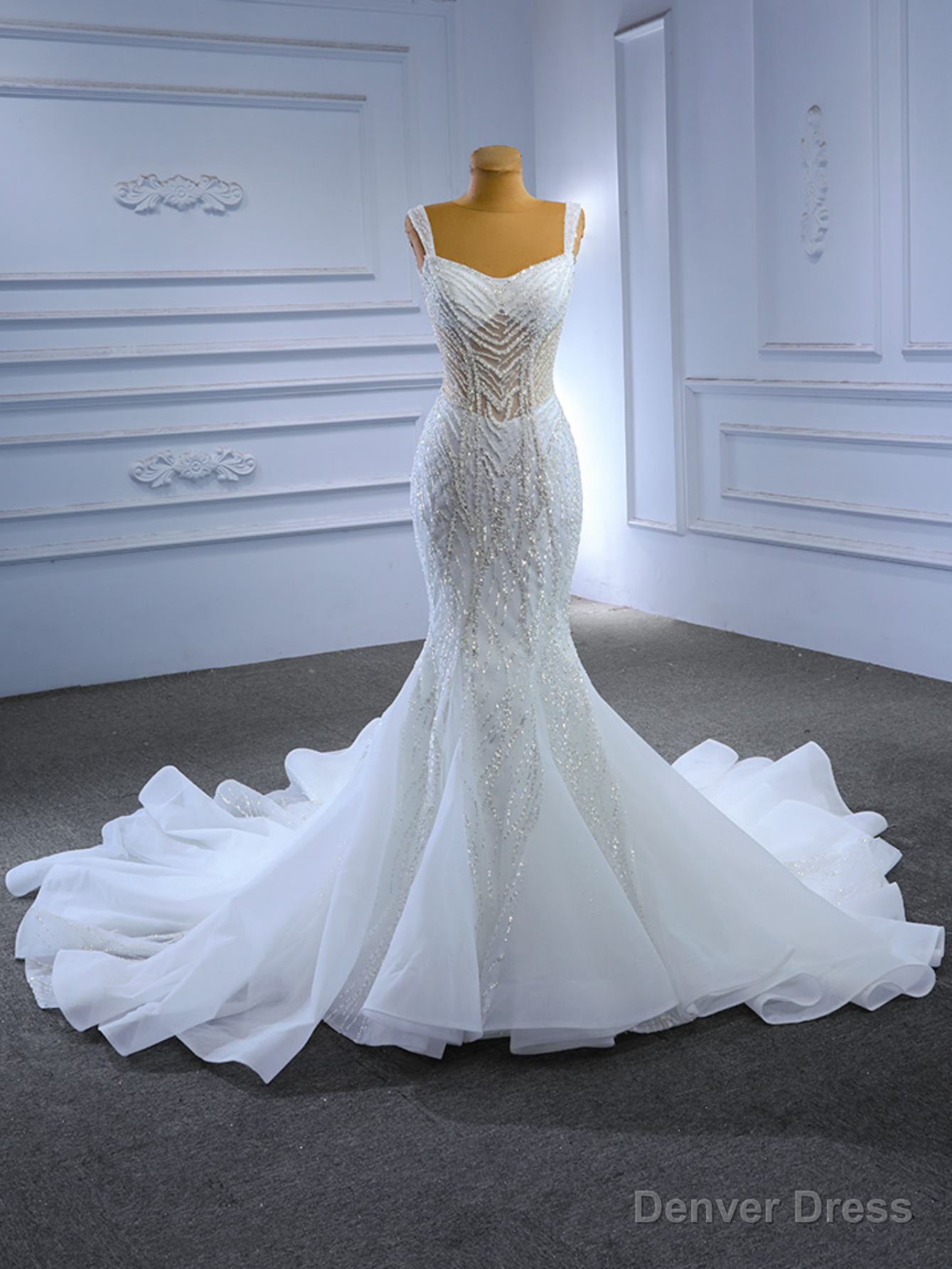 White Mermaid Tulle Straps Beading Wedding Dresses Main image