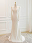 White Mermaid V Neck Long Sleeve Backless Wedding Dresses