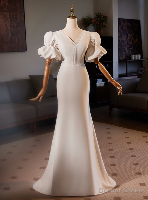 White Mermaid V Neck Short Sleeve Wedding Dresses
