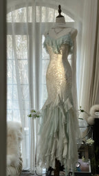 White Mint Green Romantic Fashion Elegant Delicate Beaded Lace Spaghetti Straps Long Tulle Chiffon Ruffle Ball Gowns Prom Gowns Prom Dresses