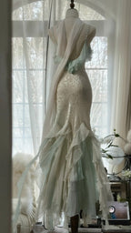 White Mint Green Romantic Fashion Elegant Delicate Beaded Lace Spaghetti Straps Long Tulle Chiffon Ruffle Ball Gowns Prom Gowns Prom Dresses