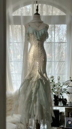 White Mint Green Romantic Fashion Elegant Delicate Beaded Lace Spaghetti Straps Long Tulle Chiffon Ruffle Ball Gowns Prom Gowns Prom Dresses