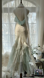 White Mint Green Romantic Fashion Elegant Delicate Beaded Lace Spaghetti Straps Long Tulle Chiffon Ruffle Ball Gowns Prom Gowns Prom Dresses