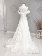 White Off Shoulder Flowers Long Wedding Dress, White Beach Wedding Dress