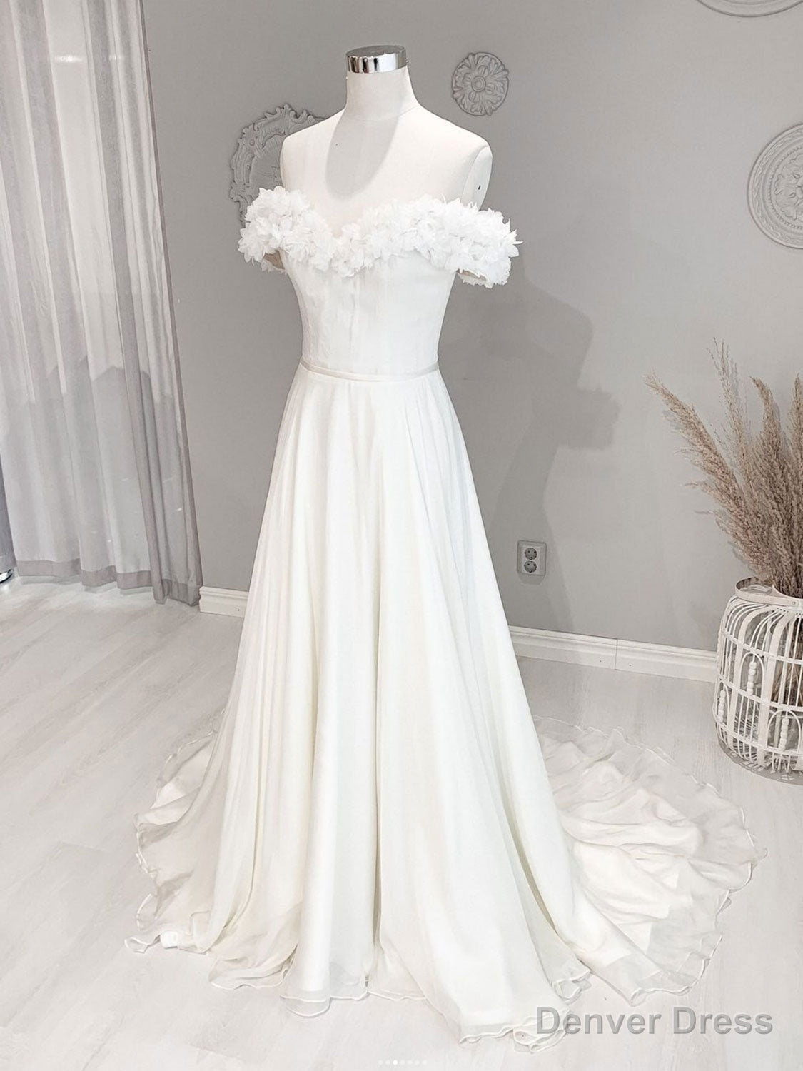 White Off Shoulder Flowers Long Wedding Dress, White Beach Wedding Dresses
