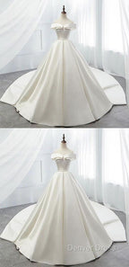 White Off Shoulder Satin Long Prom Dress, White Prom Dress, White Wedding Dress, White Prom Dresses