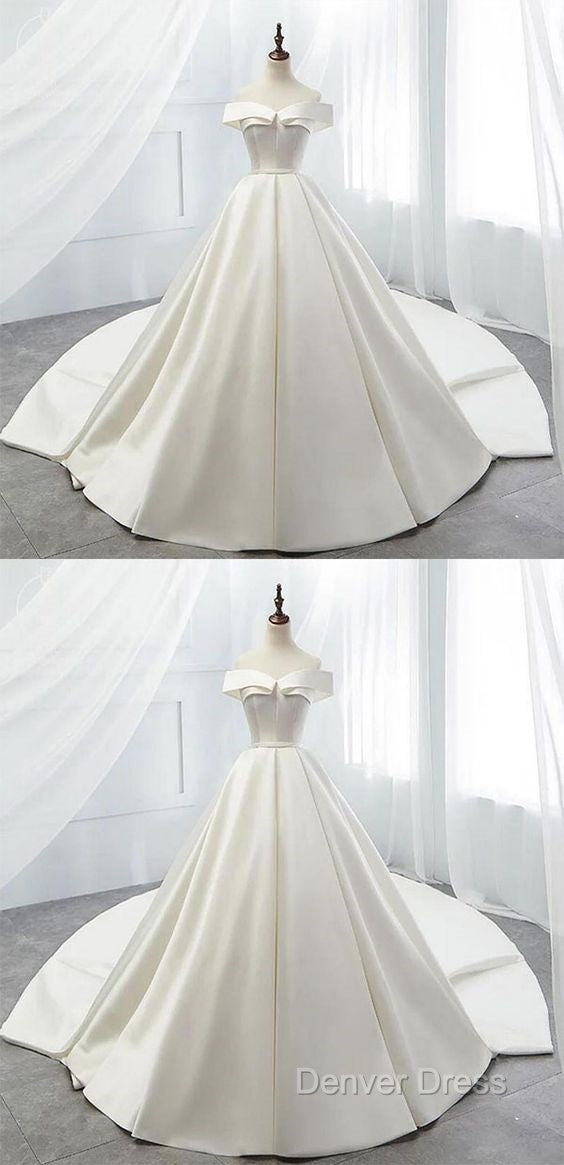 White Off Shoulder Satin Long Prom Dress, White Prom Dress, White Wedding Dress, White Prom Dresses