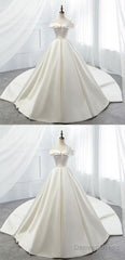 White Off Shoulder Satin Long Prom Dress, White Evening Dress, White Wedding Dress, White Formal Dress