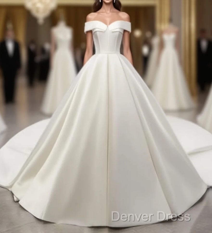 White Off Shoulder Satin Long Prom Dresses, White Evening Dresses, White Wedding Dresses, White Formal Dresses