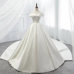 White Off Shoulder Satin Long Prom Dress, White Evening Dress, White Wedding Dress, White Formal Dress