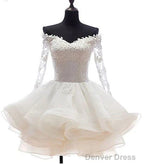 White Off Shoulder Short Organza With Lace Top Graduation Dress, Short Wedding Party Dress