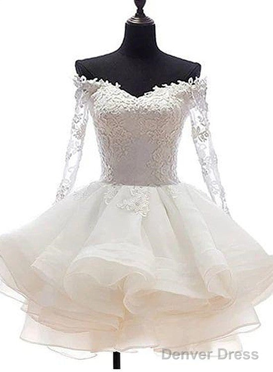 White Off Shoulder Short Organza With Lace Top Graduation Dress, Short Wedding Party Dress