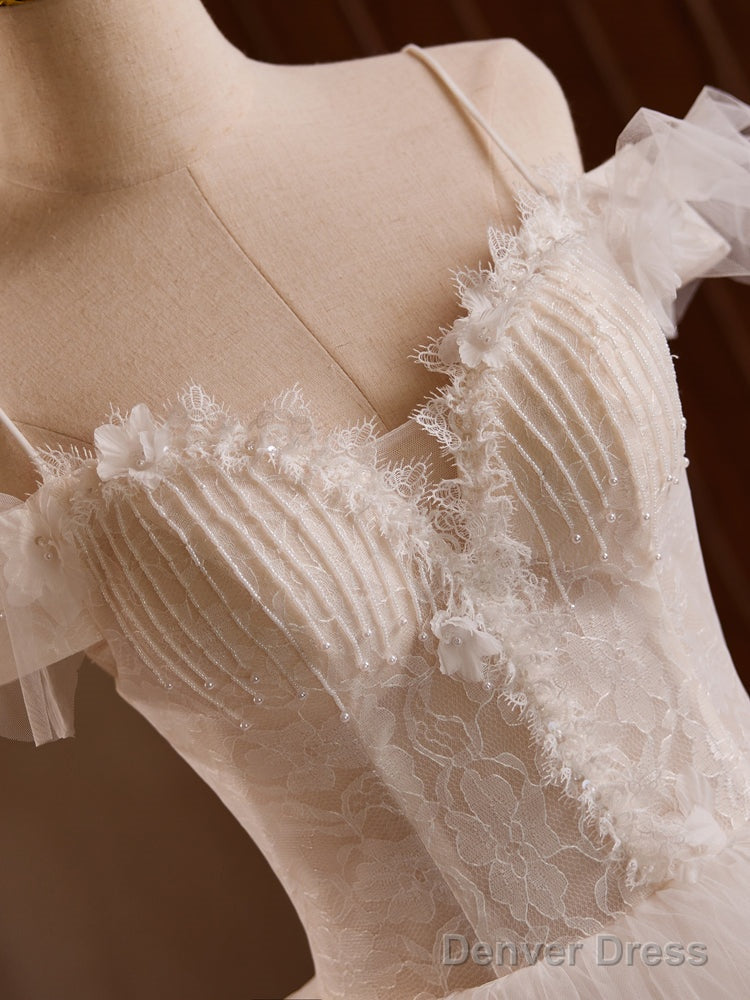 White Off Shoulder Tulle Lace Long Prom Dress, White Long Wedding Dresses
