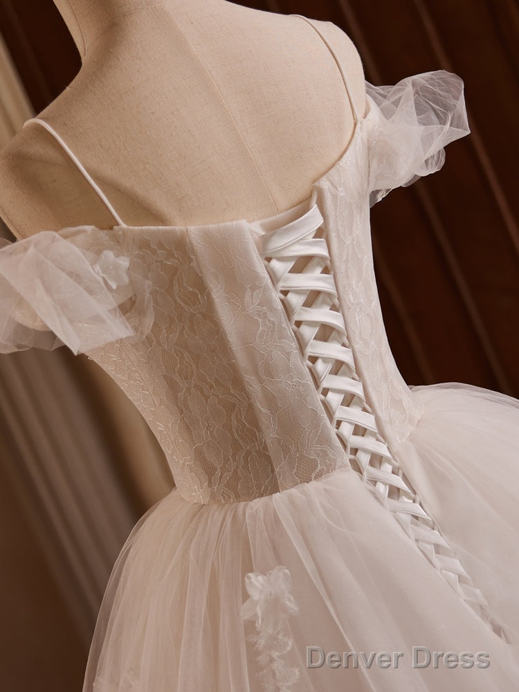 White Off Shoulder Tulle Lace Long Prom Dress, White Long Wedding Dresses