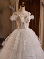White Off Shoulder Tulle Lace Long Prom Dress, White Long Wedding Dresses