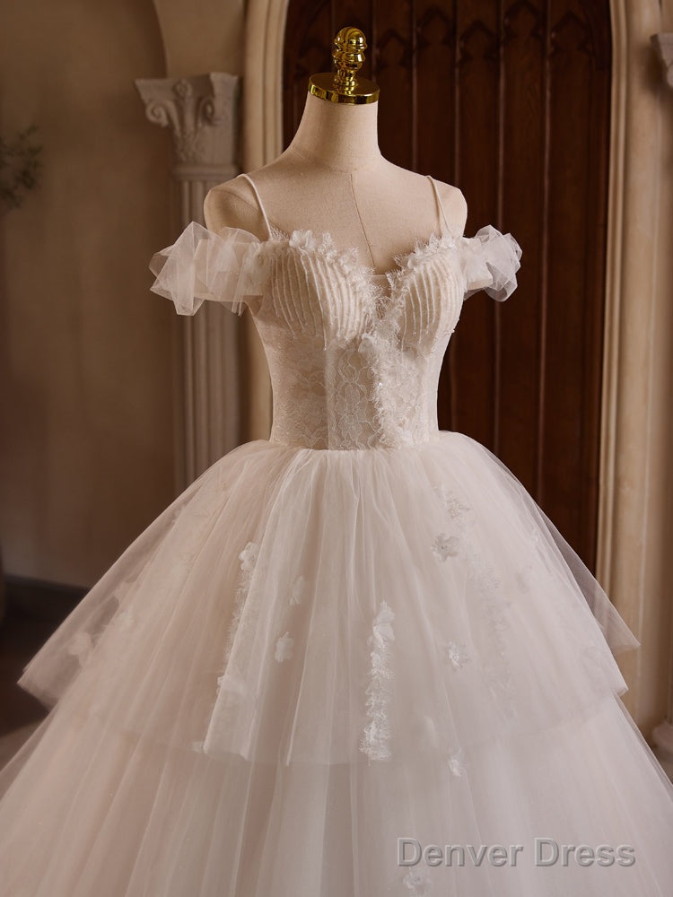 White Off Shoulder Tulle Lace Long Prom Dress, White Long Wedding Dresses
