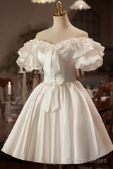 White Off The Shoulder Lace Short Prom Dress, A-Line Satin Knee Length Party Dress