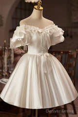 White Off The Shoulder Lace Short Prom Dress, A-Line Satin Knee Length Party Dress