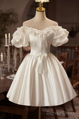 White Off The Shoulder Lace Short Prom Dress, A-Line Satin Knee Length Party Dress