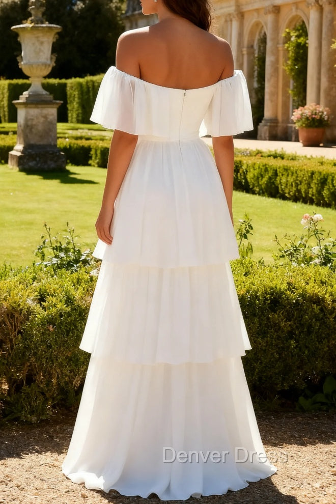 White Off the Shoulder Ruffle Chiffon A Line Wedding Dress Secondary image
