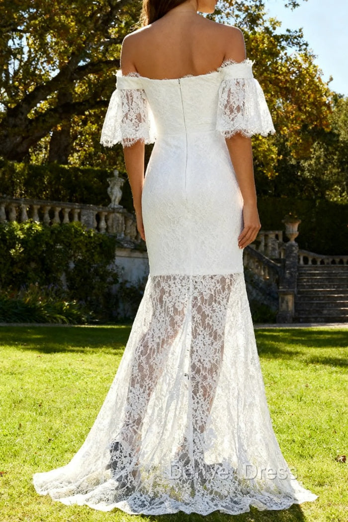 White Off the Shoulder Sheath Lace Wedding Dress With Slit