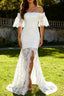 White Off the Shoulder Sheath Lace Wedding Dress With Slit