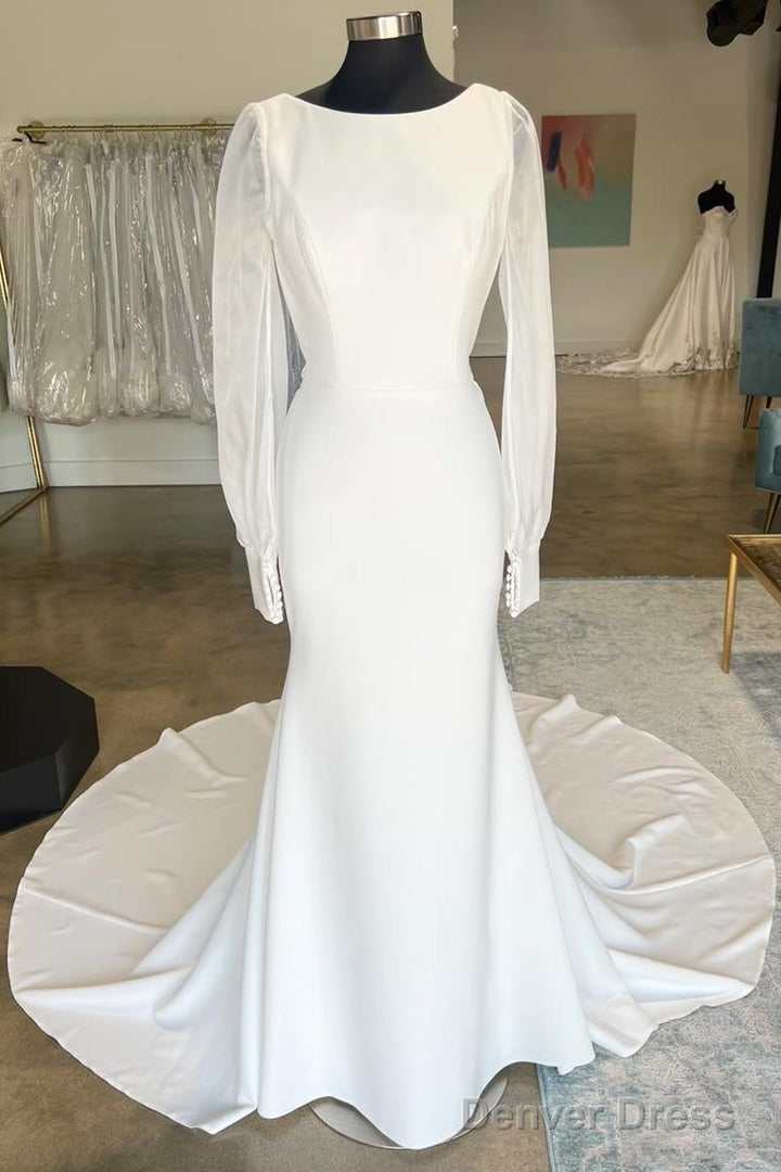 White Open Back Long Wedding Dresses With Long Sleeves Pure Color