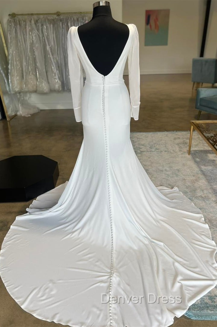 White Plunge V Open Back Long Wedding Dresses With Long Sleeves Sexy Secondary image