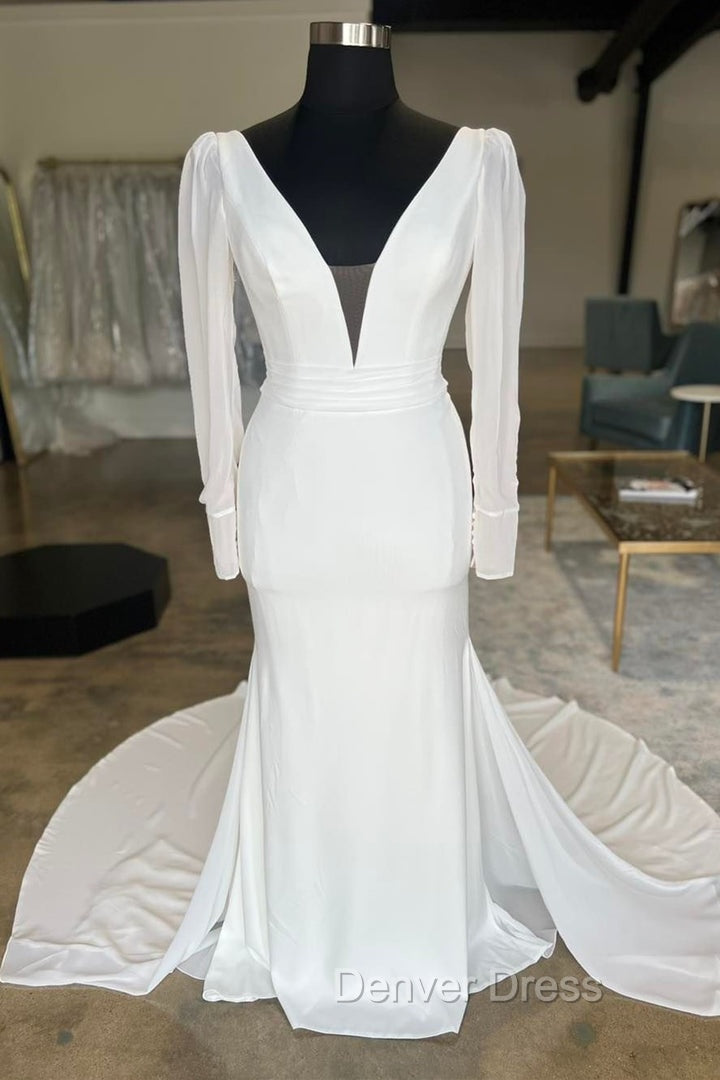 White Plunge V Open Back Long Wedding Dresses With Long Sleeves Sexy