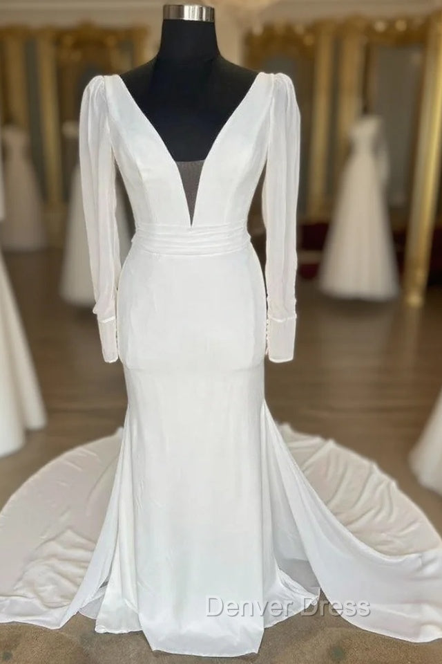 White Plunge V Open Back Long Wedding Dresses With Long Sleeves Sexy