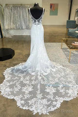 White Plunge V Strapless Lace Mermaid Long Bridal Gown Wedding Dresses