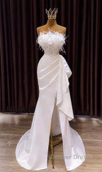 White Prom Dress, Vintage Mermaid Long Slit White Wedding Dresses