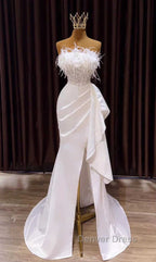 White Prom Dresses, Vintage Mermaid Long Slit White Wedding Dresses