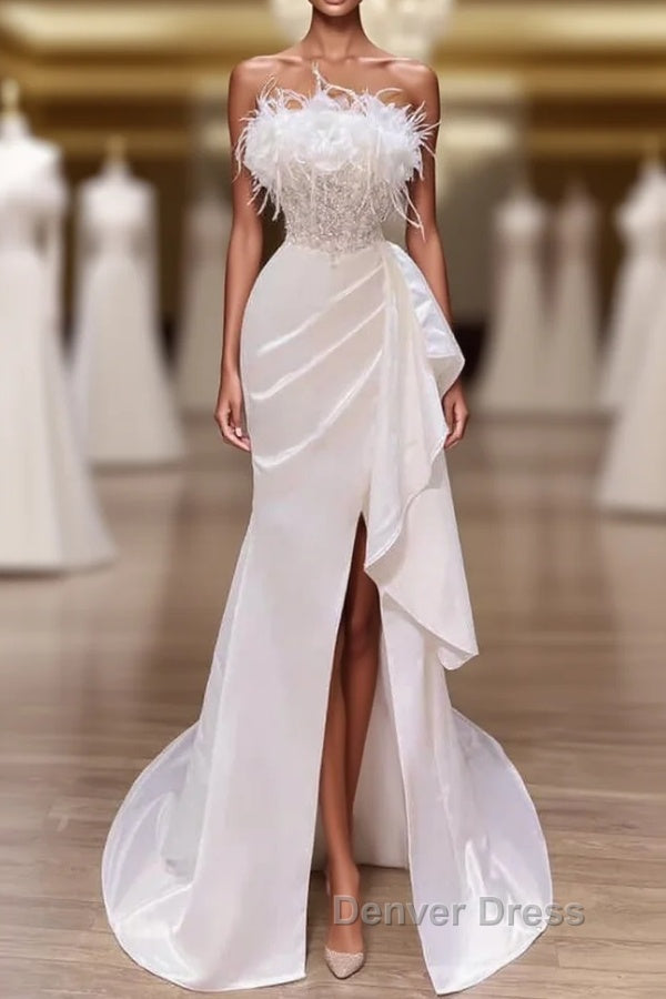 White Prom Dress, Vintage Mermaid Long Slit White Wedding Dresses Main image