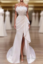 White Prom Dress, Vintage Mermaid Long Slit White Wedding Dresses